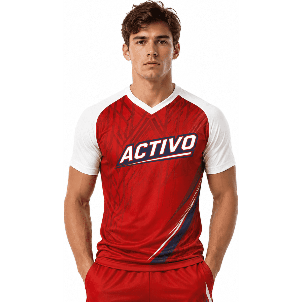 A red and white V-neck raglan sport tee shirt made from 100% polyester micro mesh, featuring a logo.