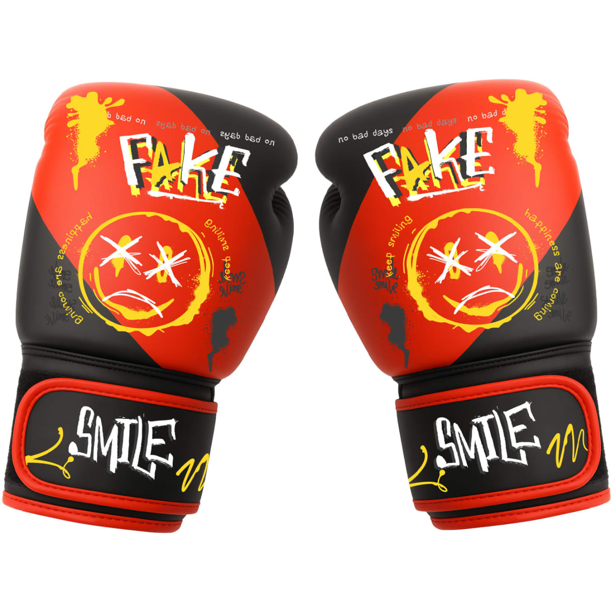 Kids boxing gloves in red and black with vibrant graphic designs, featuring a logo on the wrist strap.