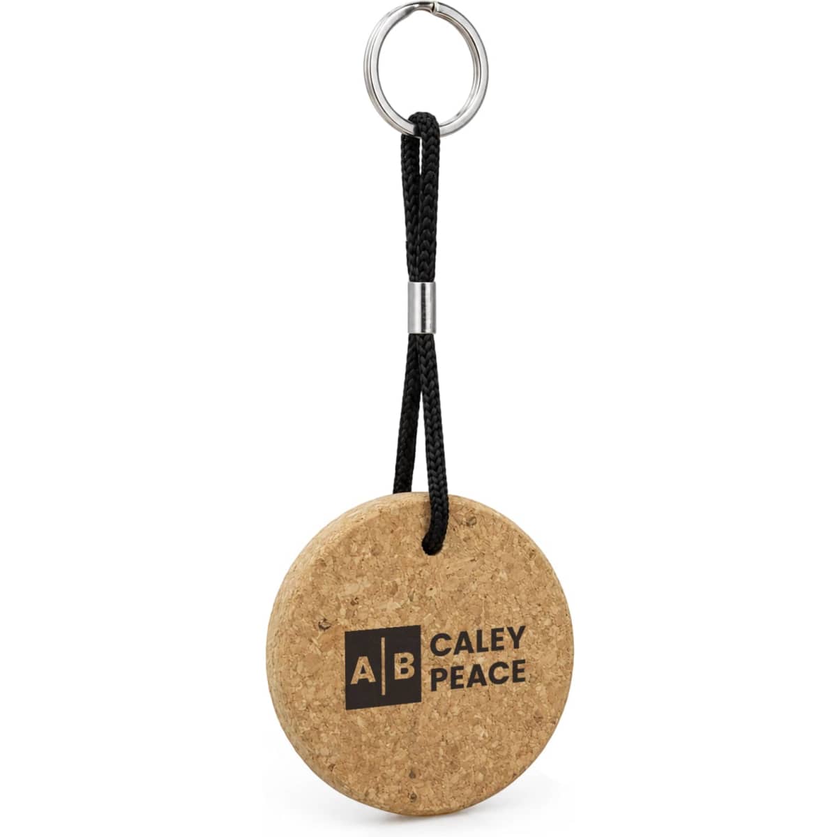 A round cork keyring with a black cord attachment and a silver metal keyring.