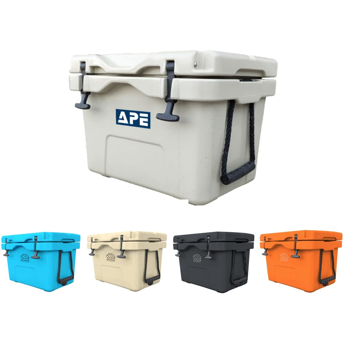 A cooler box in beige with blue, orange, black, and aqua options. Features a logo on the front and a handle.