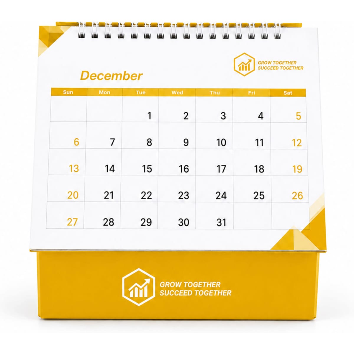 A desk calendar with a yellow base and a white top, featuring a month grid for December and a logo.