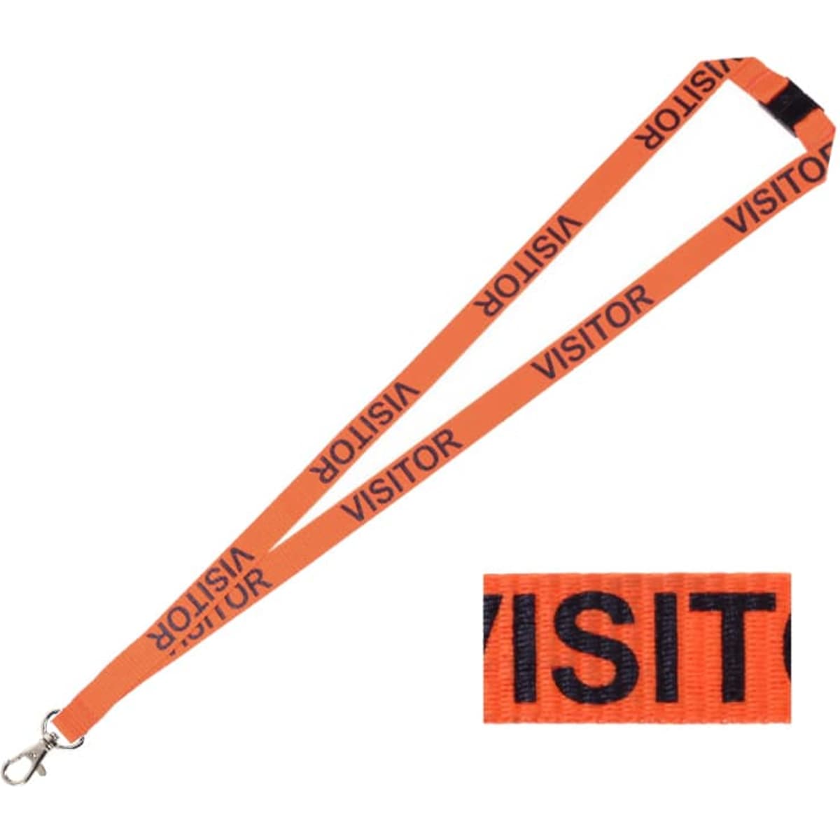 An orange visitor lanyard featuring bold black text and a clip for attaching badges or IDs.