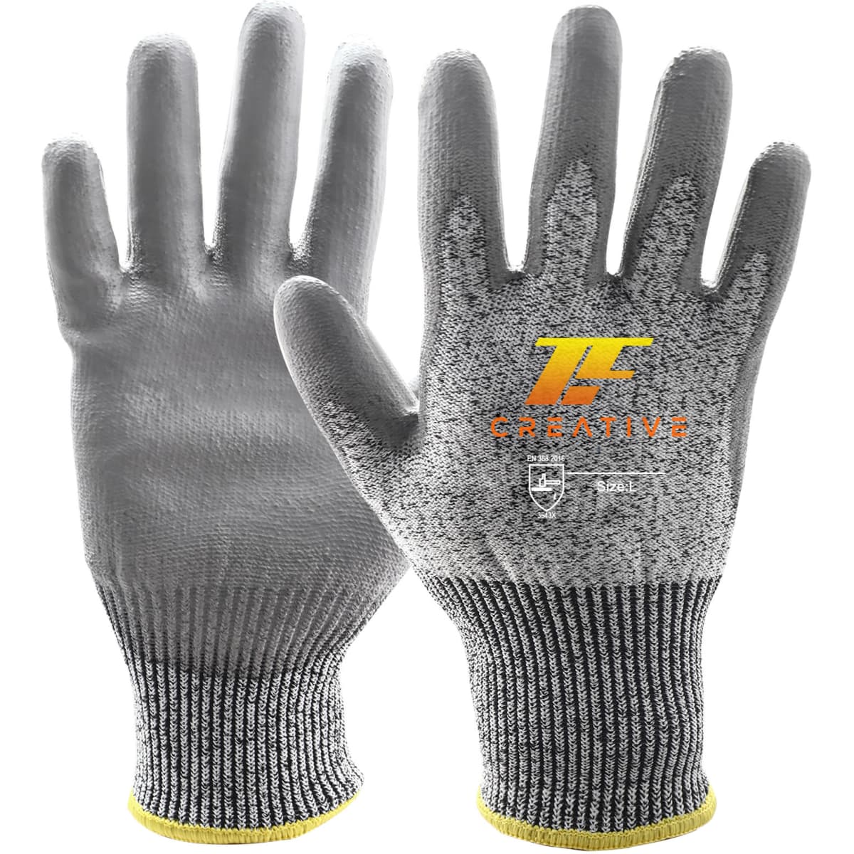 A pair of grey cut-resistant PU gloves with a yellow cuff and a logo on the palm.
