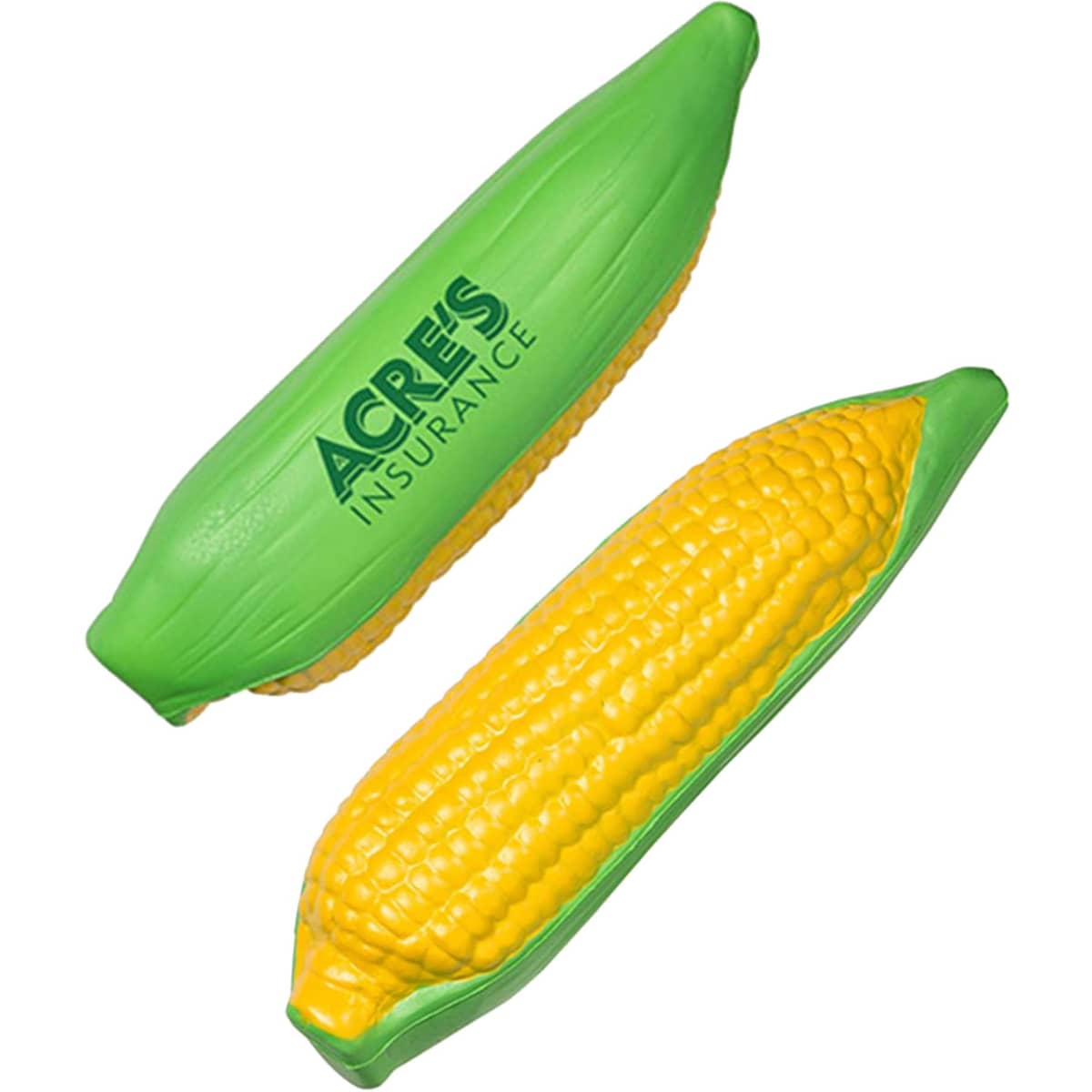 A corn-shaped stress reliever in vibrant green and yellow with a logo on one side.