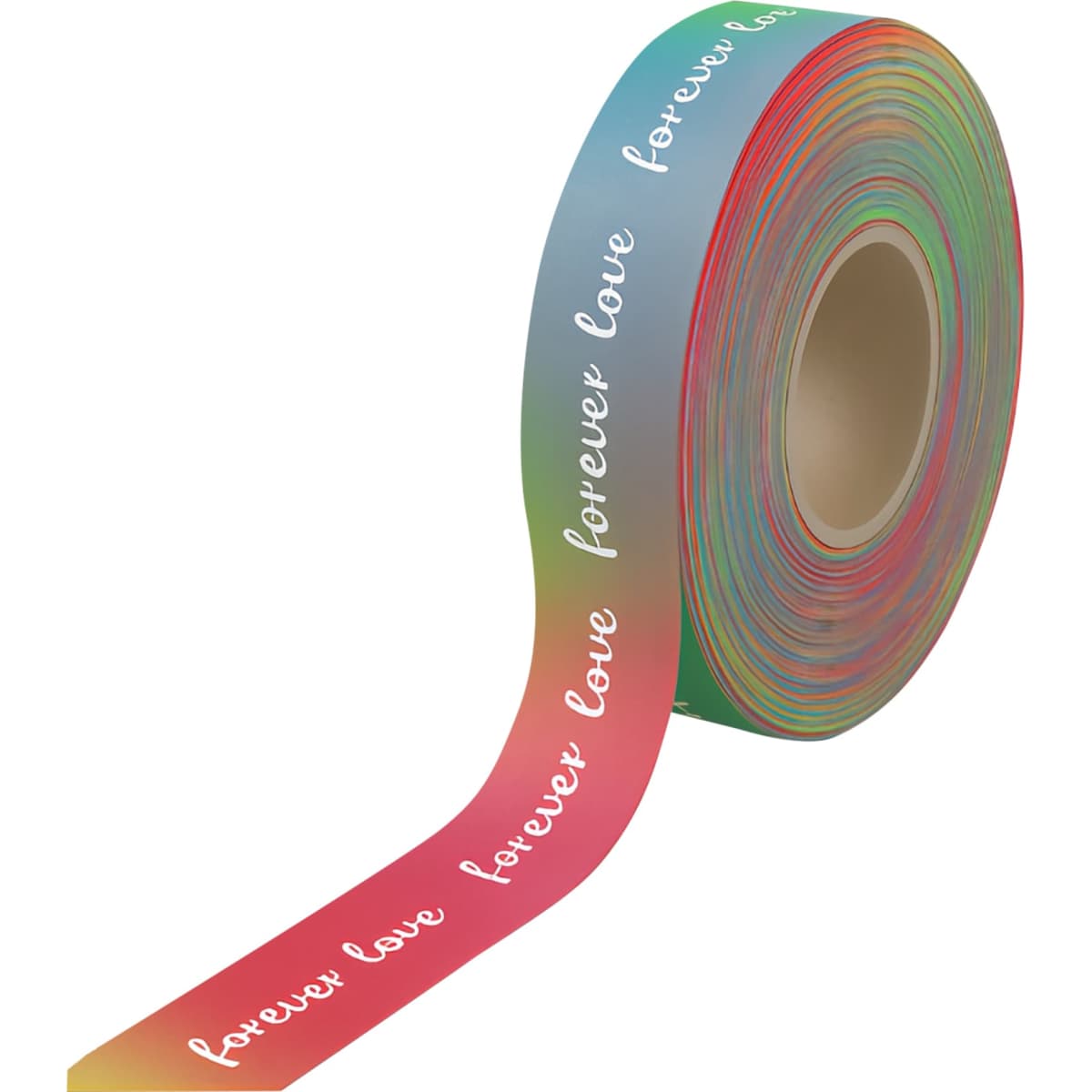 A roll of rainbow satin polyester ribbon featuring a gradient of colours with the phrase "forever love" printed on it.