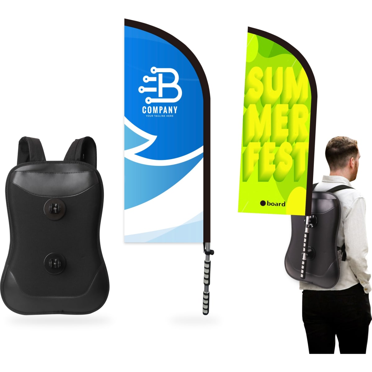 A black backpack featuring two colourful, curved flags with logos and designs, displayed from different angles.