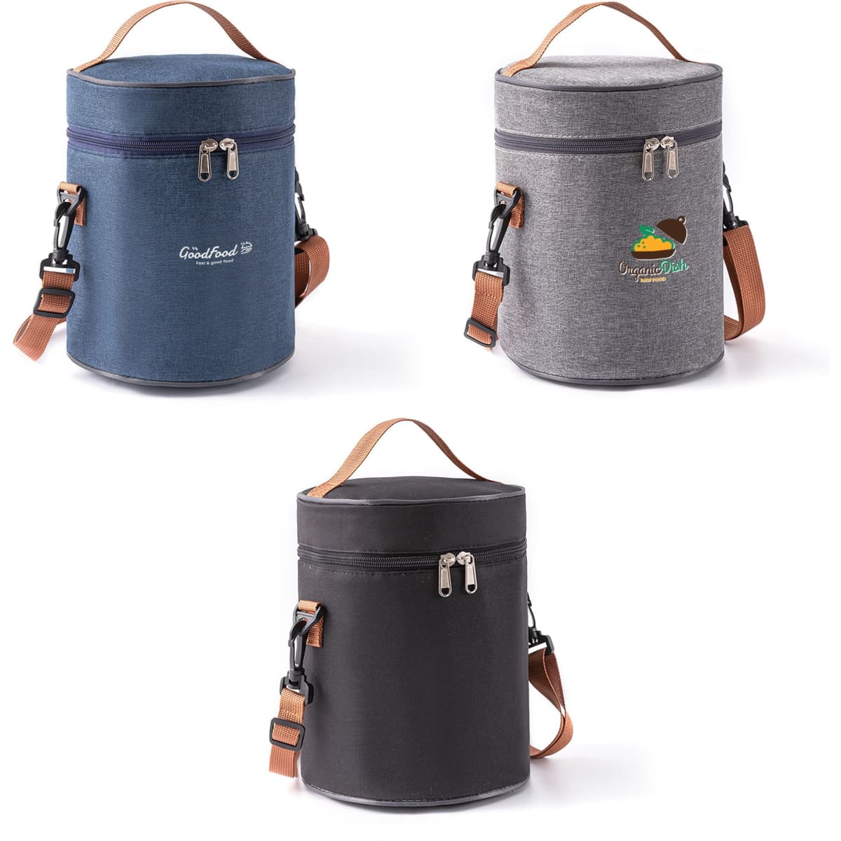 Three cylindrical lunch bags in navy, grey, and black, featuring zip closures and adjustable straps. One has a logo.