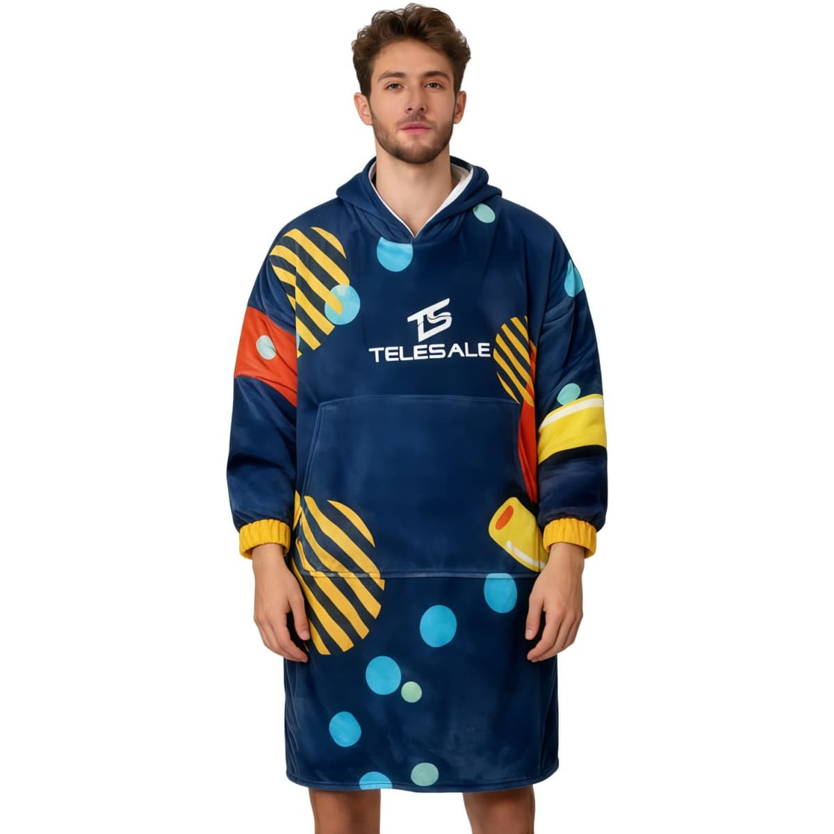 A unisex wearable blanket in navy blue with colourful patterns, featuring an absorbent lining and a hood.