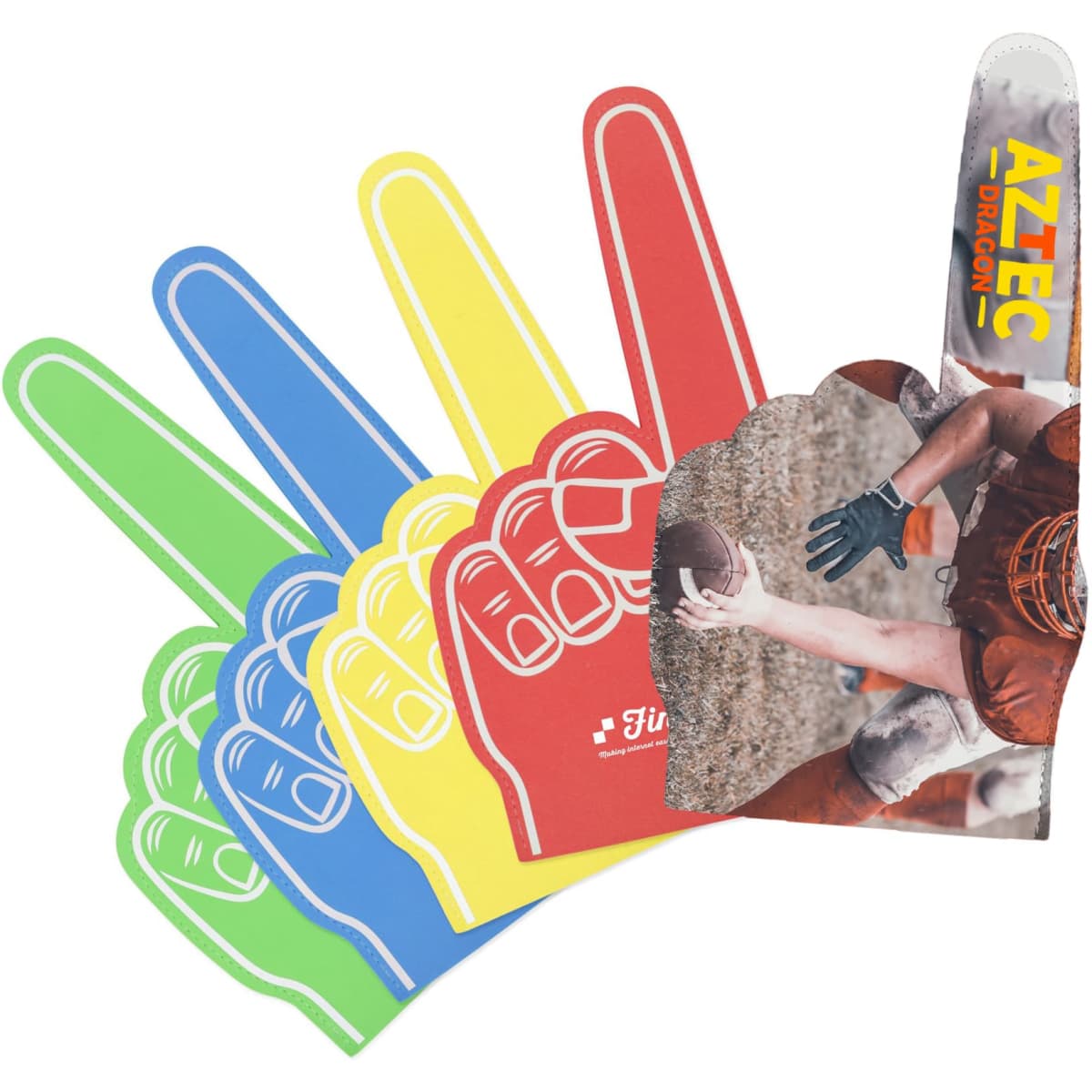 A collection of giant foam hands in green, blue, yellow, and red, featuring a logo and an image of a player.