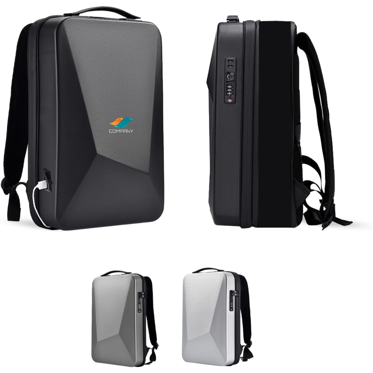 An expandable hardshell backpack in black and grey with a sleek design and adjustable straps, featuring a logo.