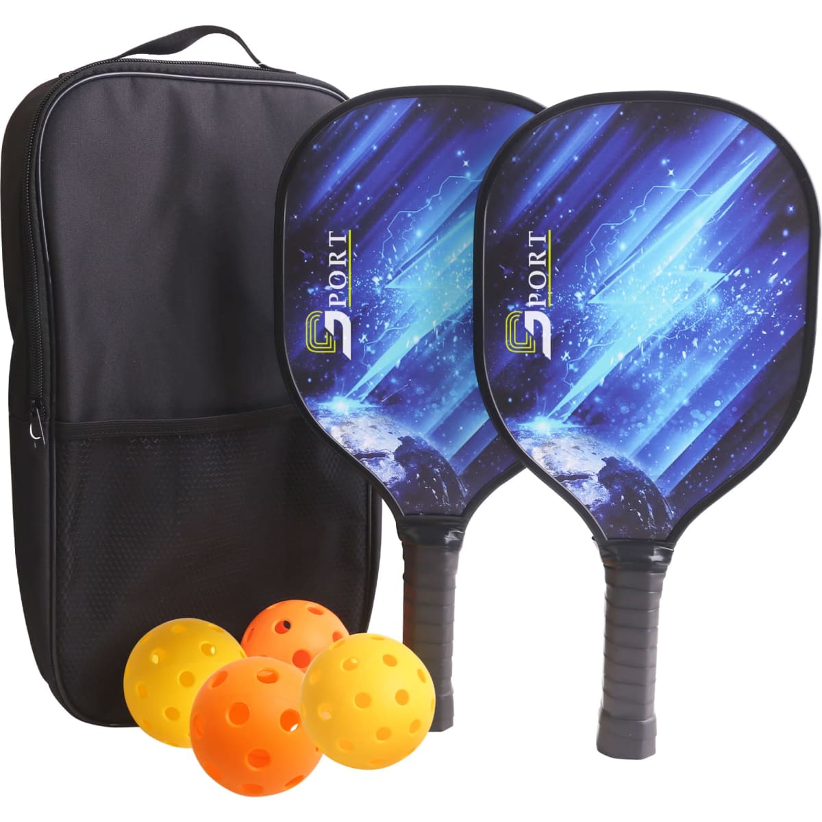 A wooden pickleball set featuring two paddles with a blue design, three orange balls, and a black carrying bag.