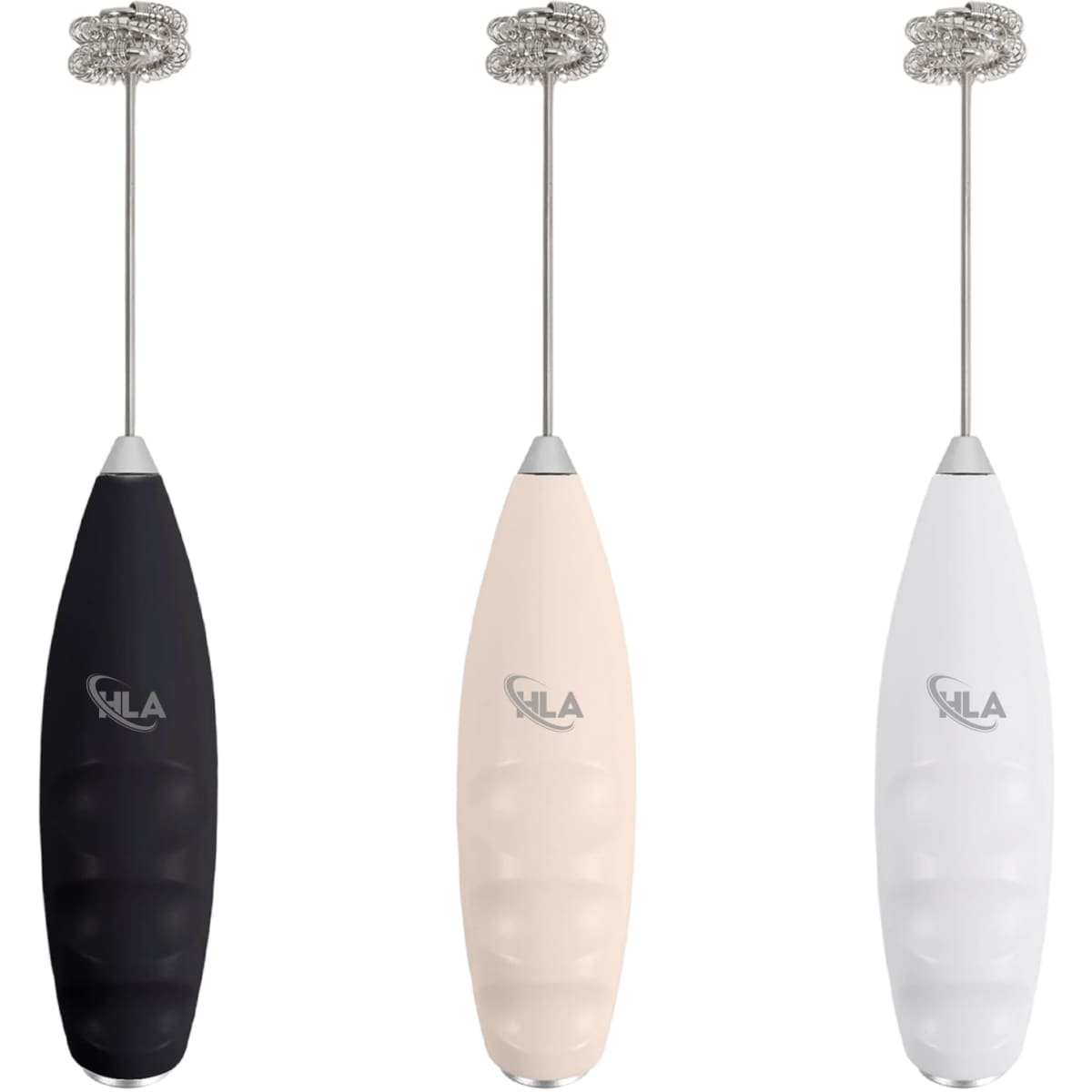 A milk frother in black, cream, and white, featuring a metallic whisk attachment and a logo.