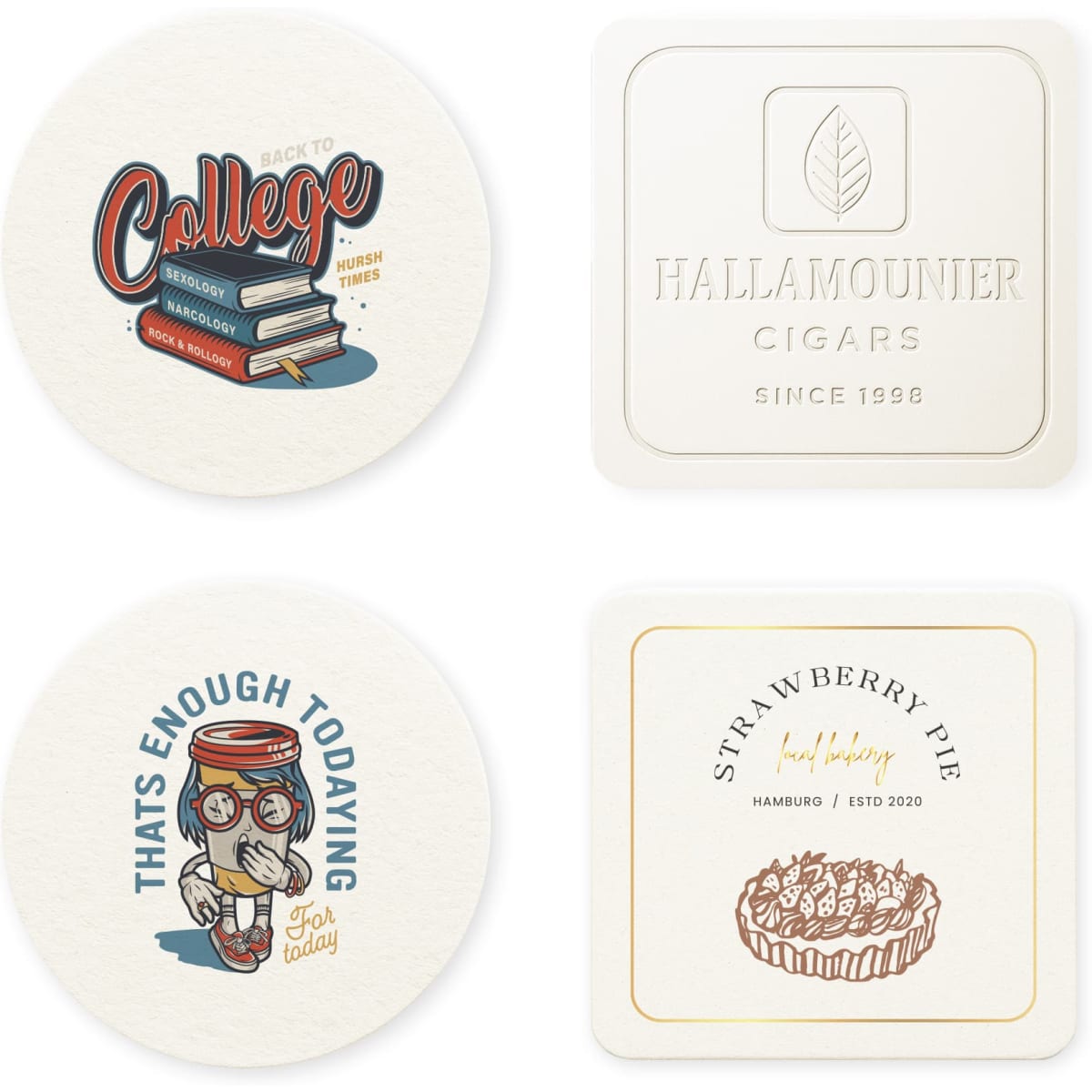 Four round paper coasters featuring various designs, including illustrations and logos, in cream and white tones.