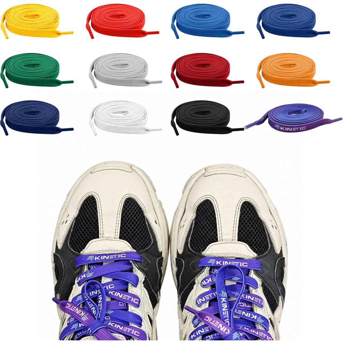 Custom shoe laces in various colours including green, red, blue, and white, displayed alongside a pair of sneakers.