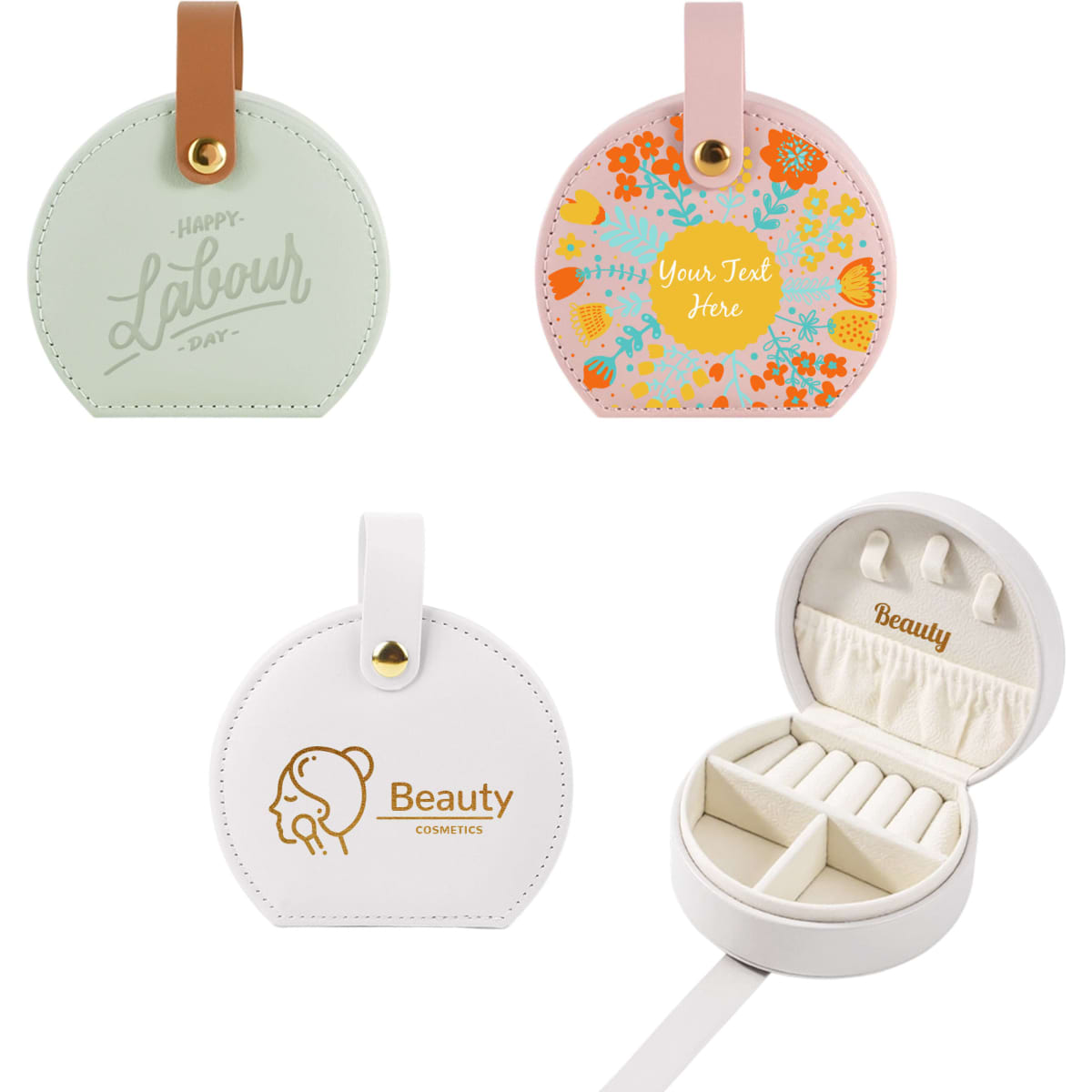 A small portable PU leather jewellery box in white, featuring a simple design with compartments, and a logo.