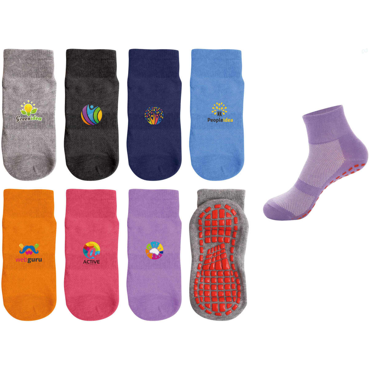 A variety of crew socks in grey, navy, orange, pink, purple, and a single purple sock with a gripper sole.