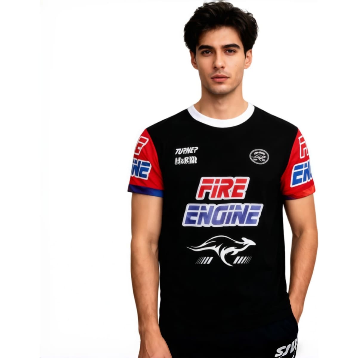 A black t-shirt with red and blue accents, featuring a logo and promotional text on the front and sleeves.