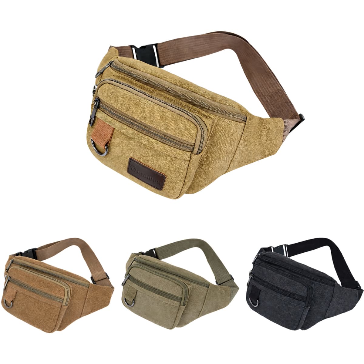 A canvas waist bag in four colours: yellow-brown, khaki, dark brown, and black, featuring multiple zippered compartments.