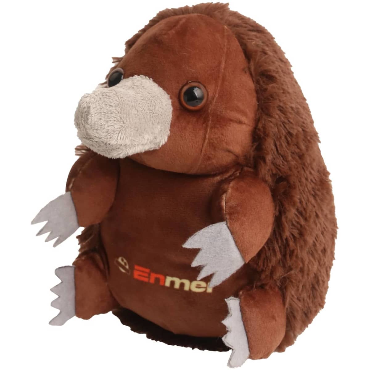 A brown echidna plush toy with grey accents and a logo on the front, featuring realistic eyes and feet.
