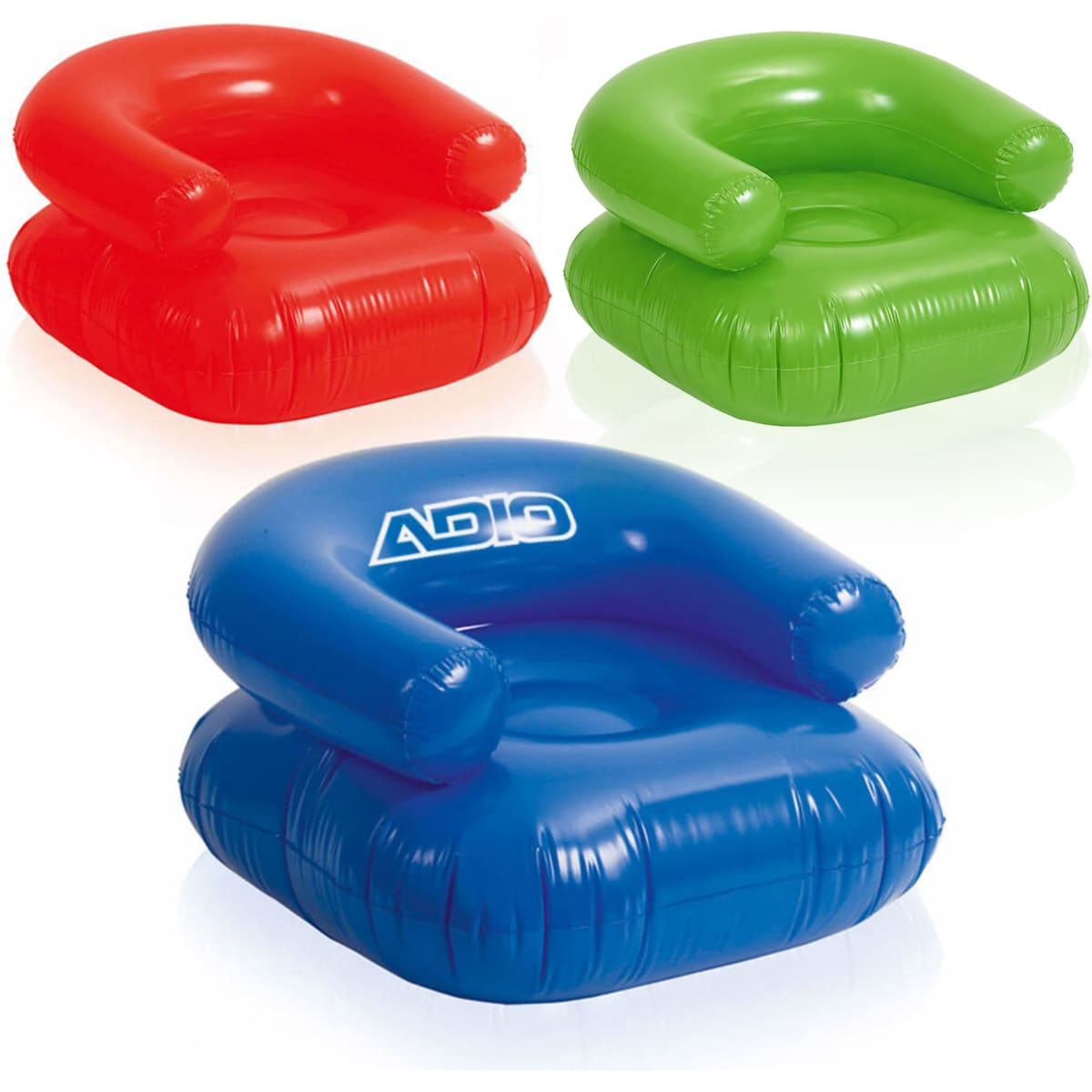 Custom inflatable chairs in red, green, and blue, featuring rounded backs and armrests, with a logo on one chair.