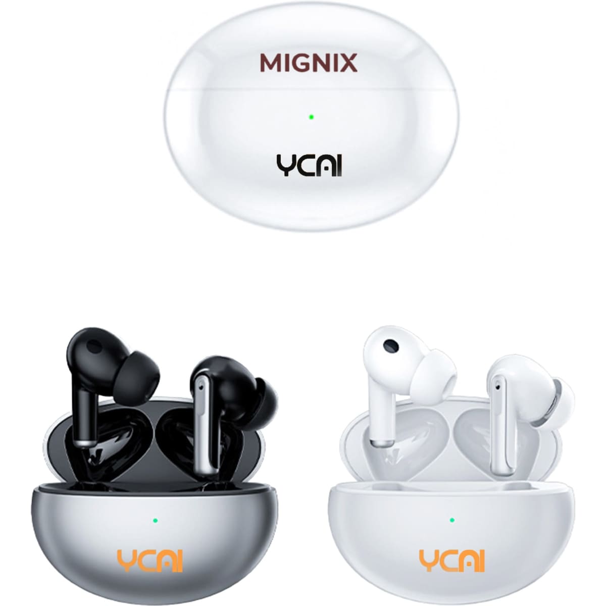 Active noise cancelling wireless earbuds in black and white, stored in a sleek charging case with a logo.