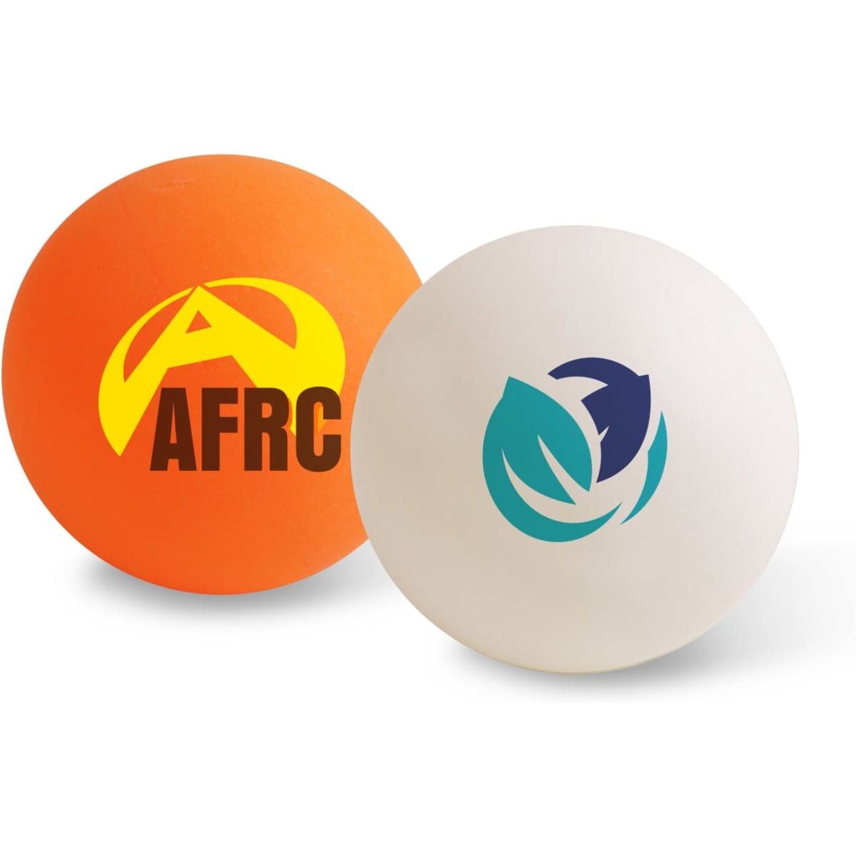 Two table tennis balls, one orange with a logo and one white with a logo, displayed on a white background.