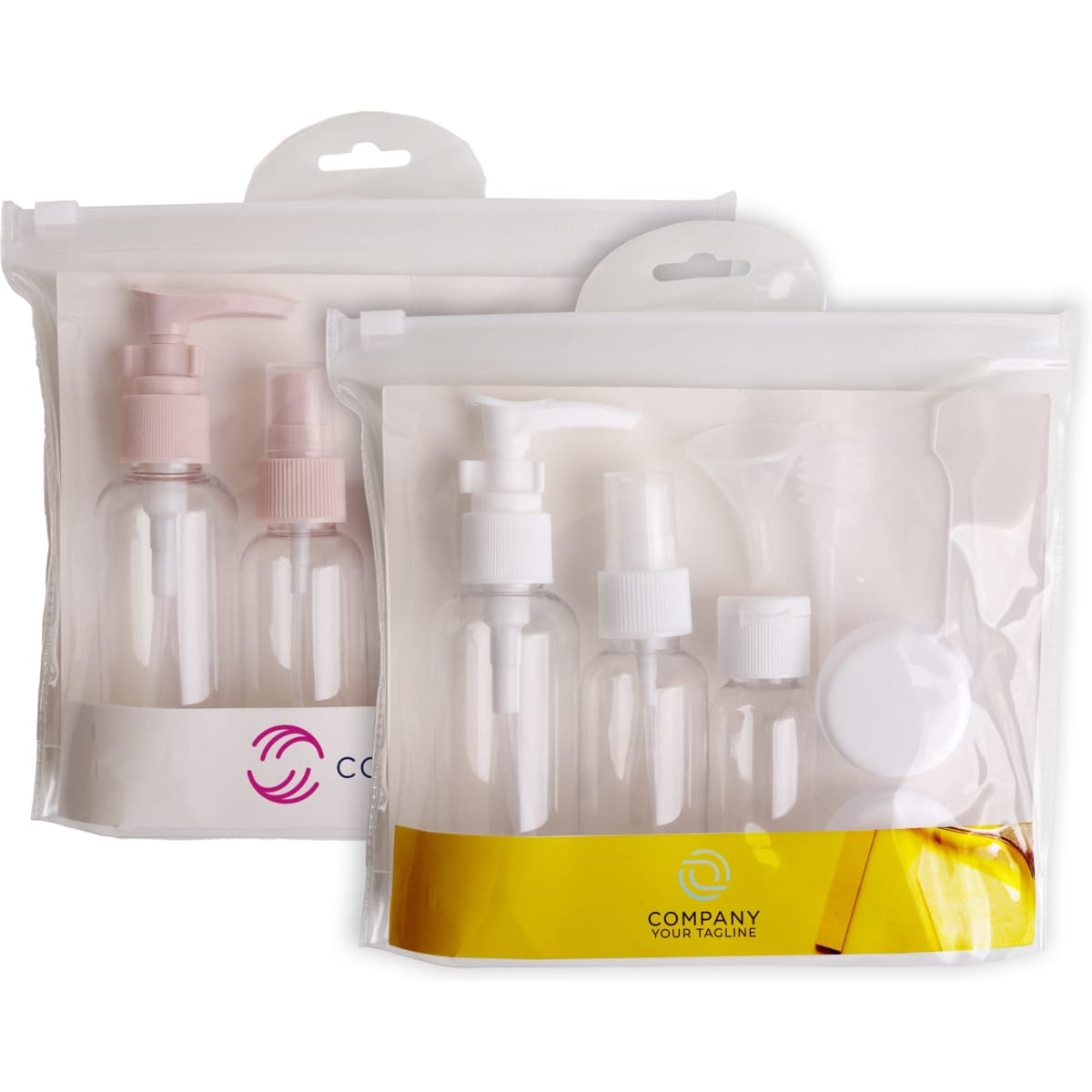 A set of clear travel bottles in a white zip-lock pouch, featuring various dispensers and a lid.