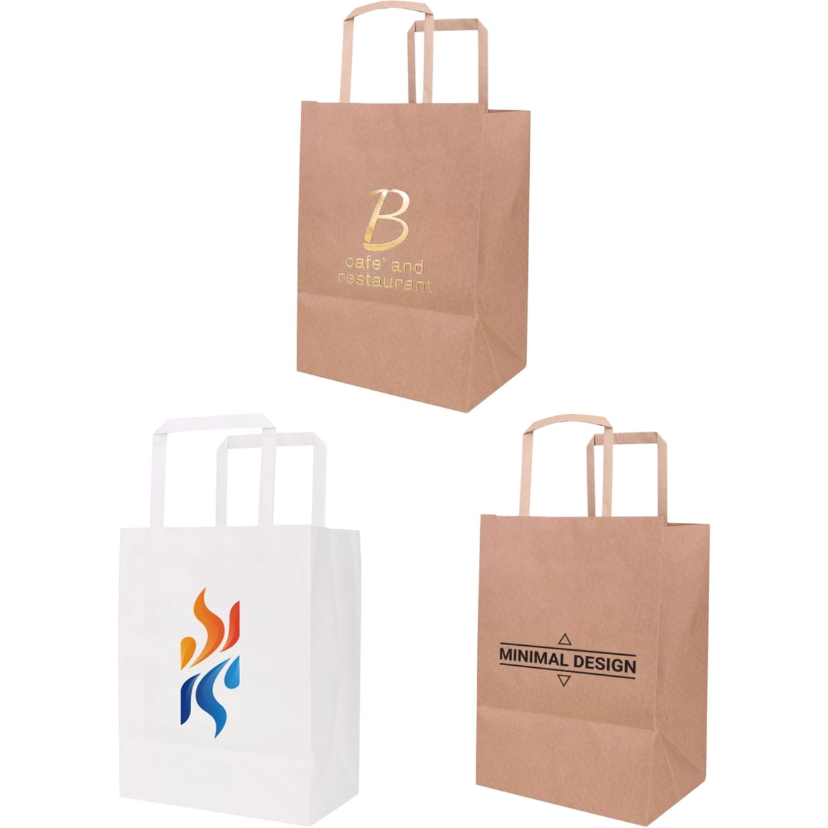 Three flat handle kraft paper bags in brown and white, featuring various designs and logos.