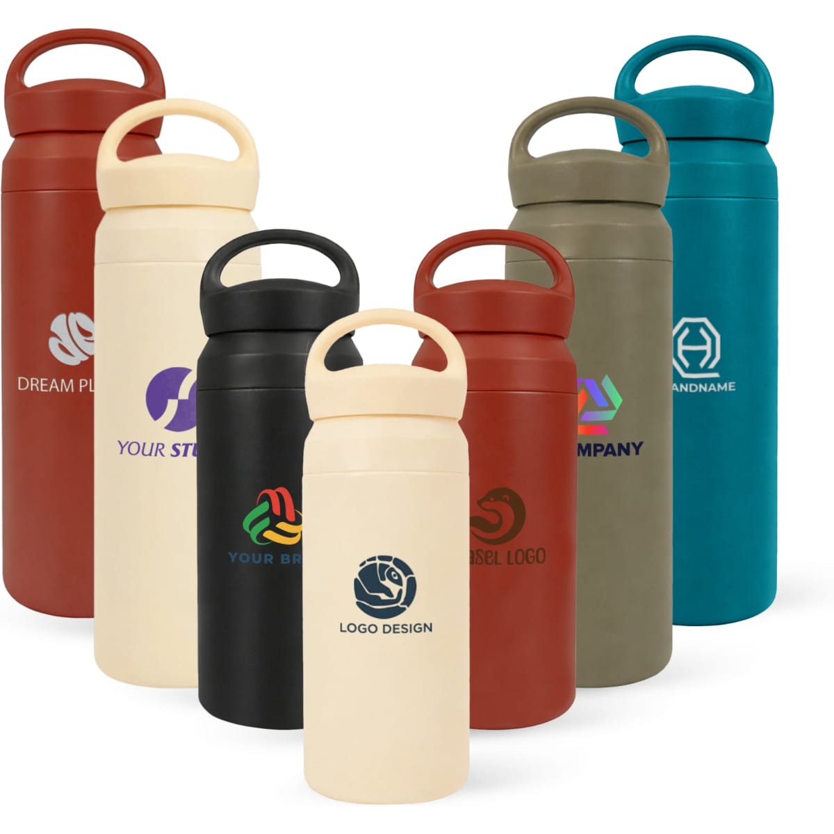 A drink bottle collection featuring 350ML and 500ML double wall stainless steel options in various colours with handles and logos.
