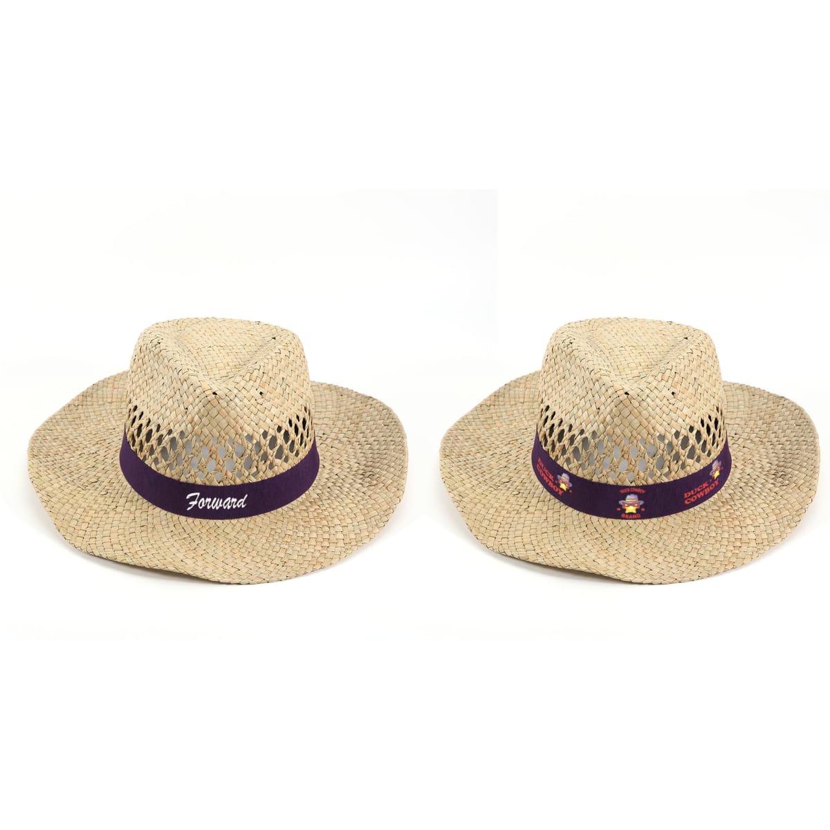 A straw cowboy hat with a wide brim, featuring a purple band and a logo. Light tan colour with woven design.