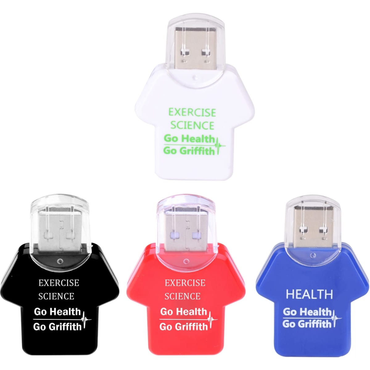 Four flash drives shaped like T-shirts in white, black, red, and blue, each featuring a logo and branding.