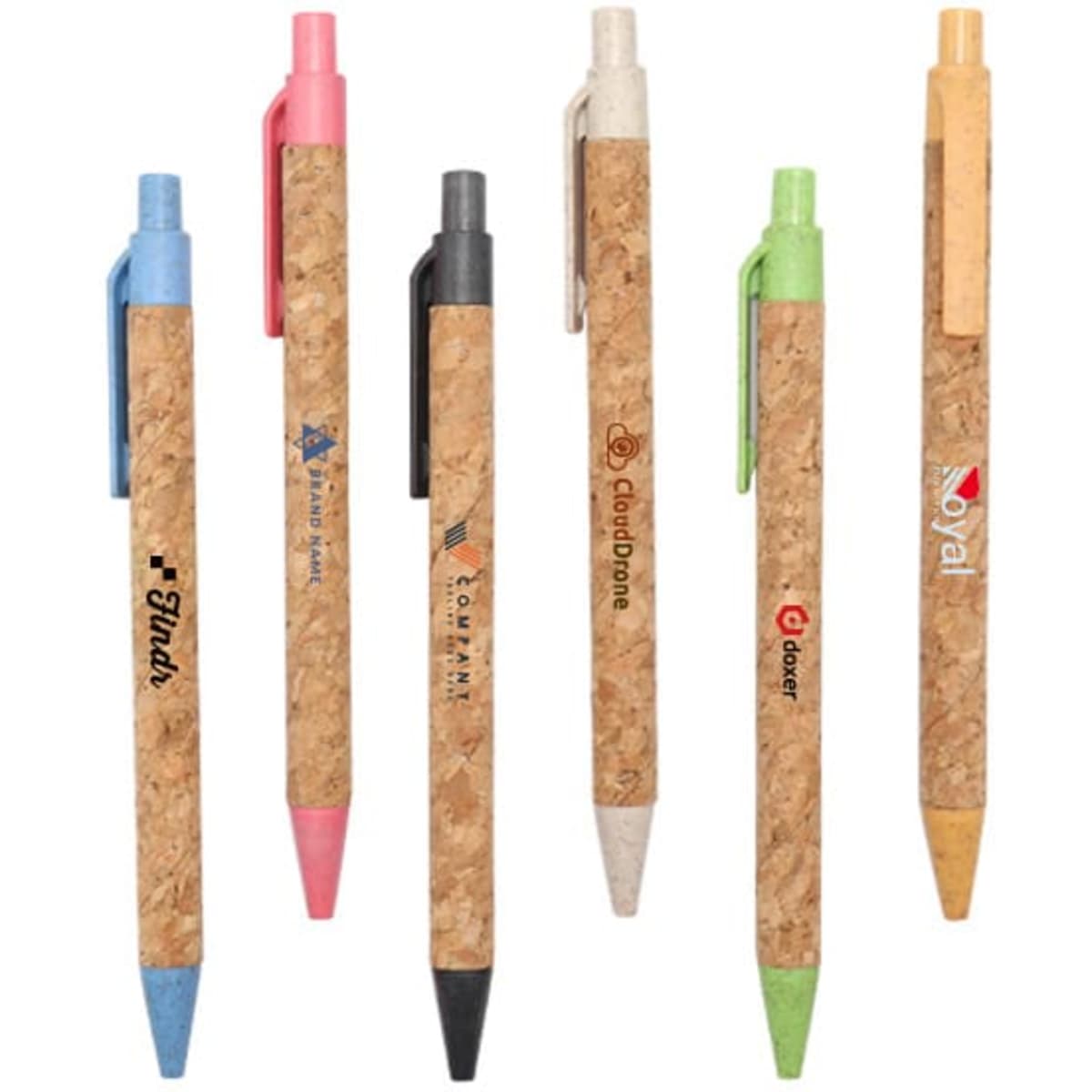A collection of eco-friendly cork pens in various colours including blue, pink, black, and green, each with branding.