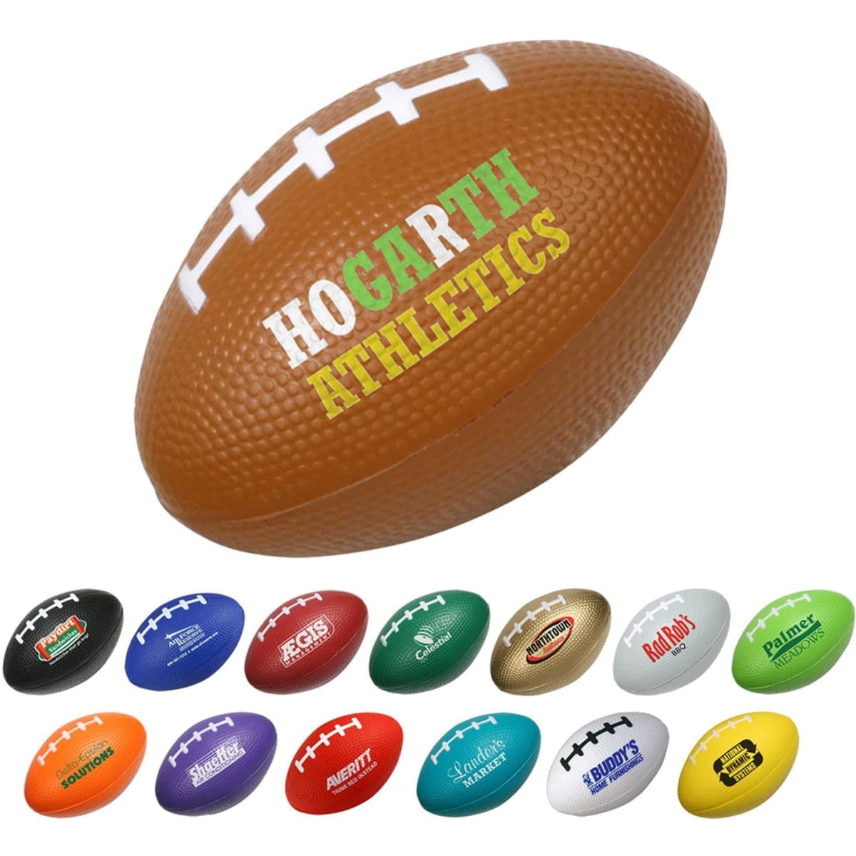 A rugby-shaped stress reliever in brown, featuring a text logo and various other miniature stress relievers below it.