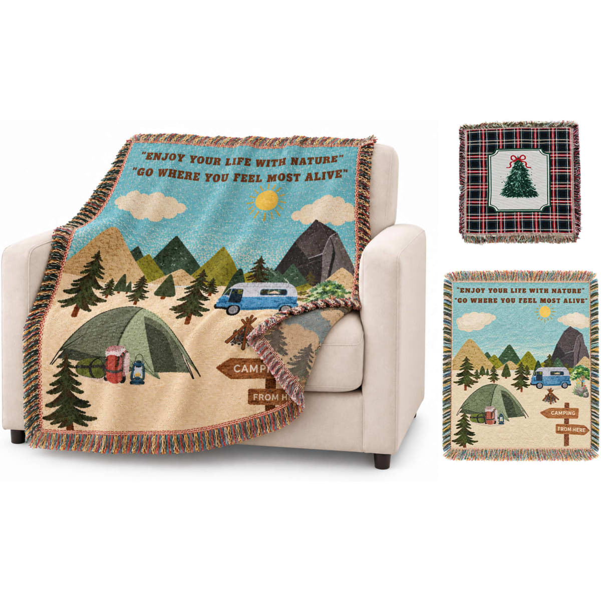 A tapestry blanket featuring a camping scene with mountains, trees, and a retro caravan, in earthy tones.