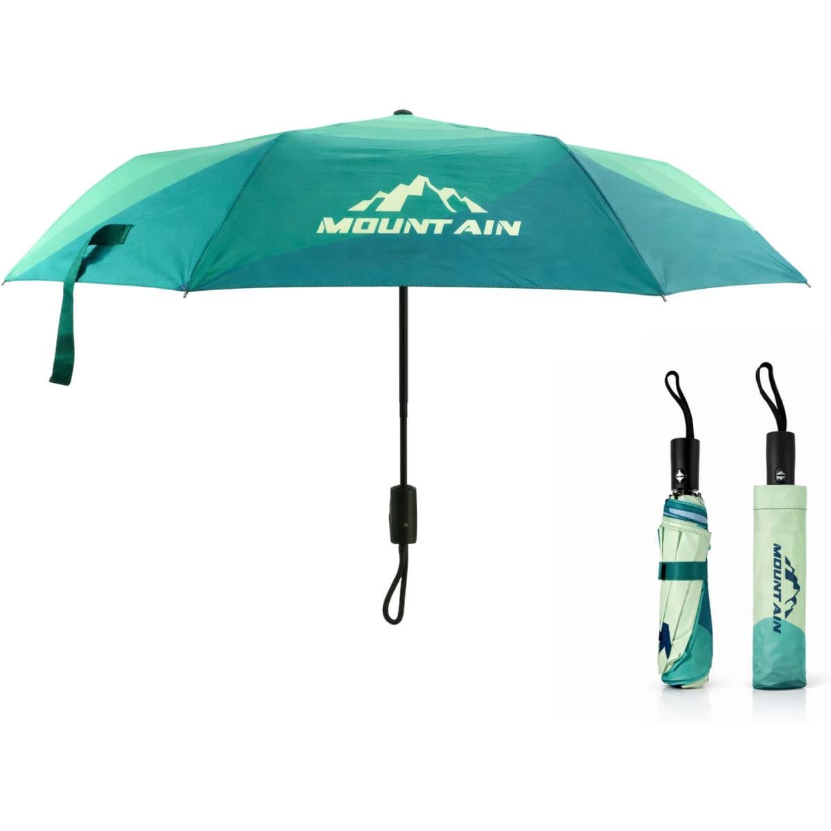 A 21'' automatic compact folding umbrella in shades of green with a matching carrying case and logo.