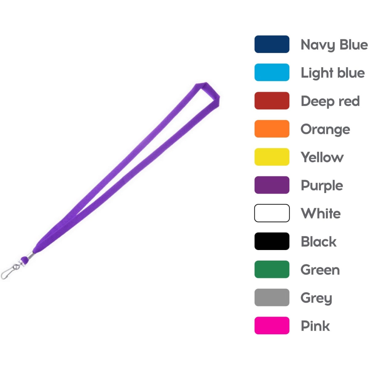 A purple bootlace lanyard with a metal clip and various colour options displayed beside it.