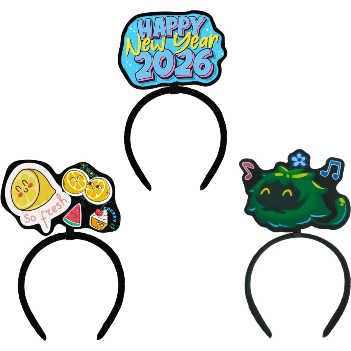 Three custom felt headbands featuring colourful designs, including a "Happy New Year 2026" topper and fruit graphics.