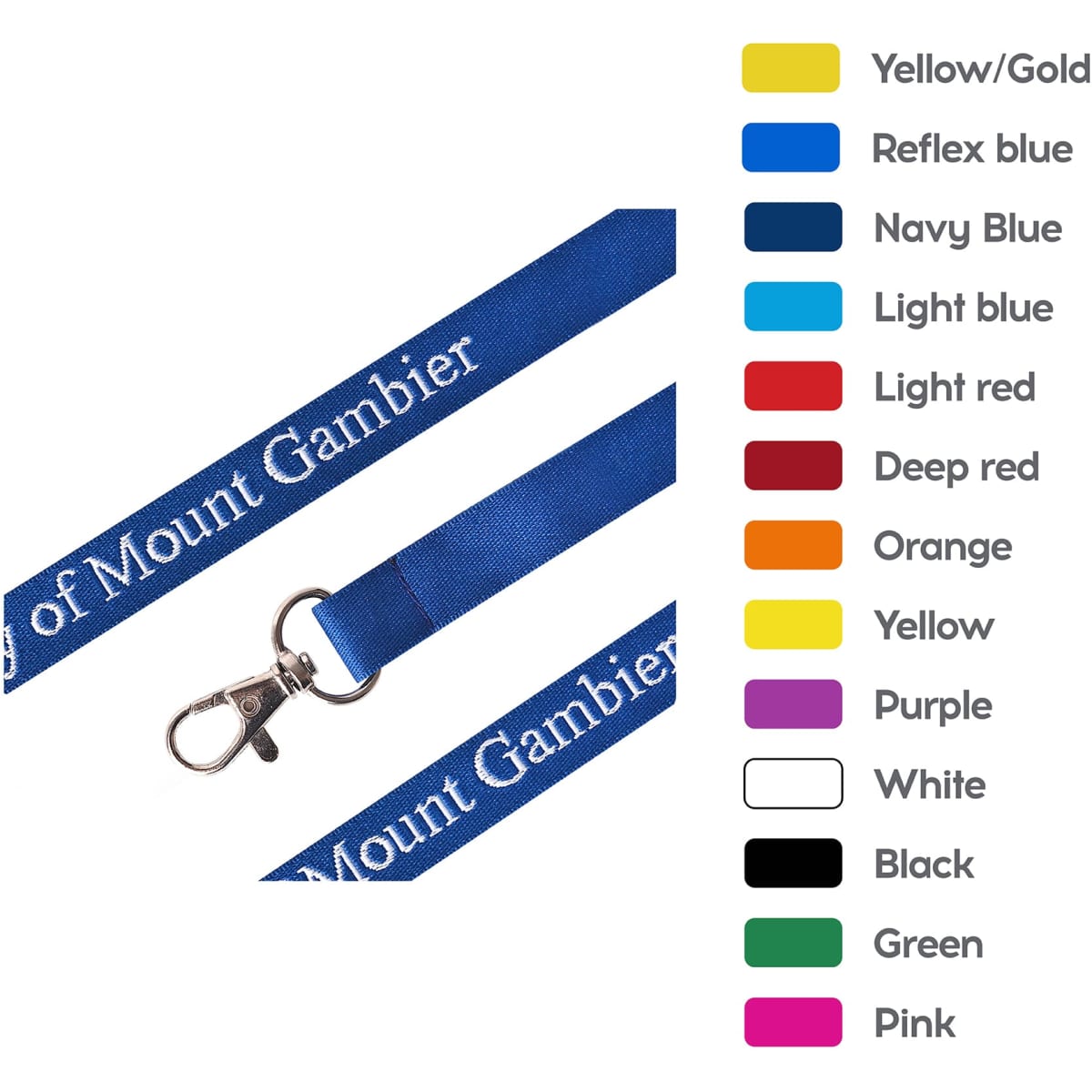 A blue woven lanyard featuring a metal clip, alongside a colour chart including yellow, orange, and red options.