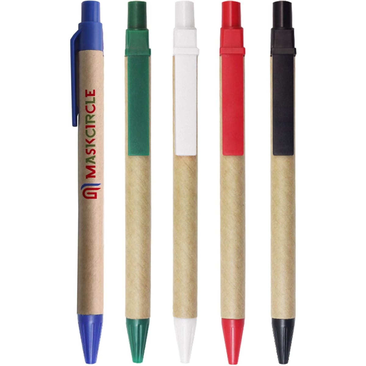 A set of five Kraft paper ball pens in blue, green, red, white, and black with a logo on one pen.