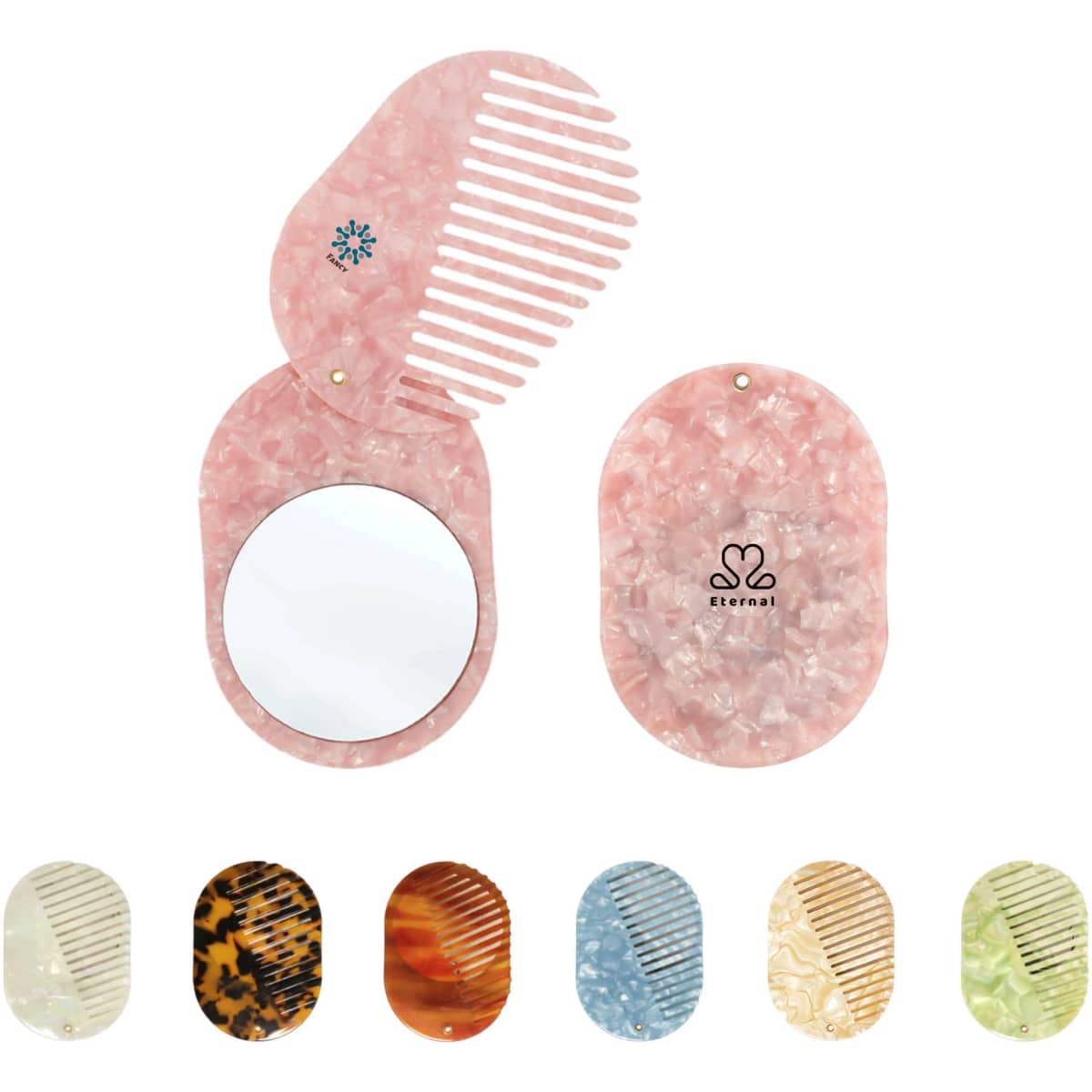 A portable pink acetate hair comb with a mirror, featuring various additional colours and a logo design.