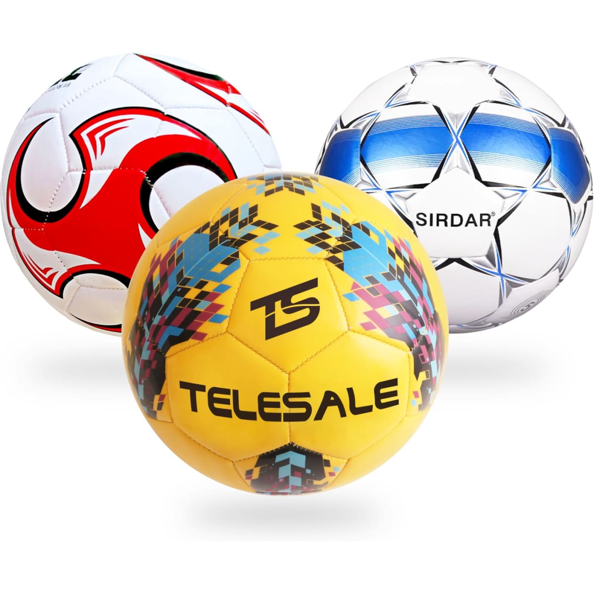 Three soccer balls in various designs: one red and white, one blue and silver, and one yellow with colourful patterns.
