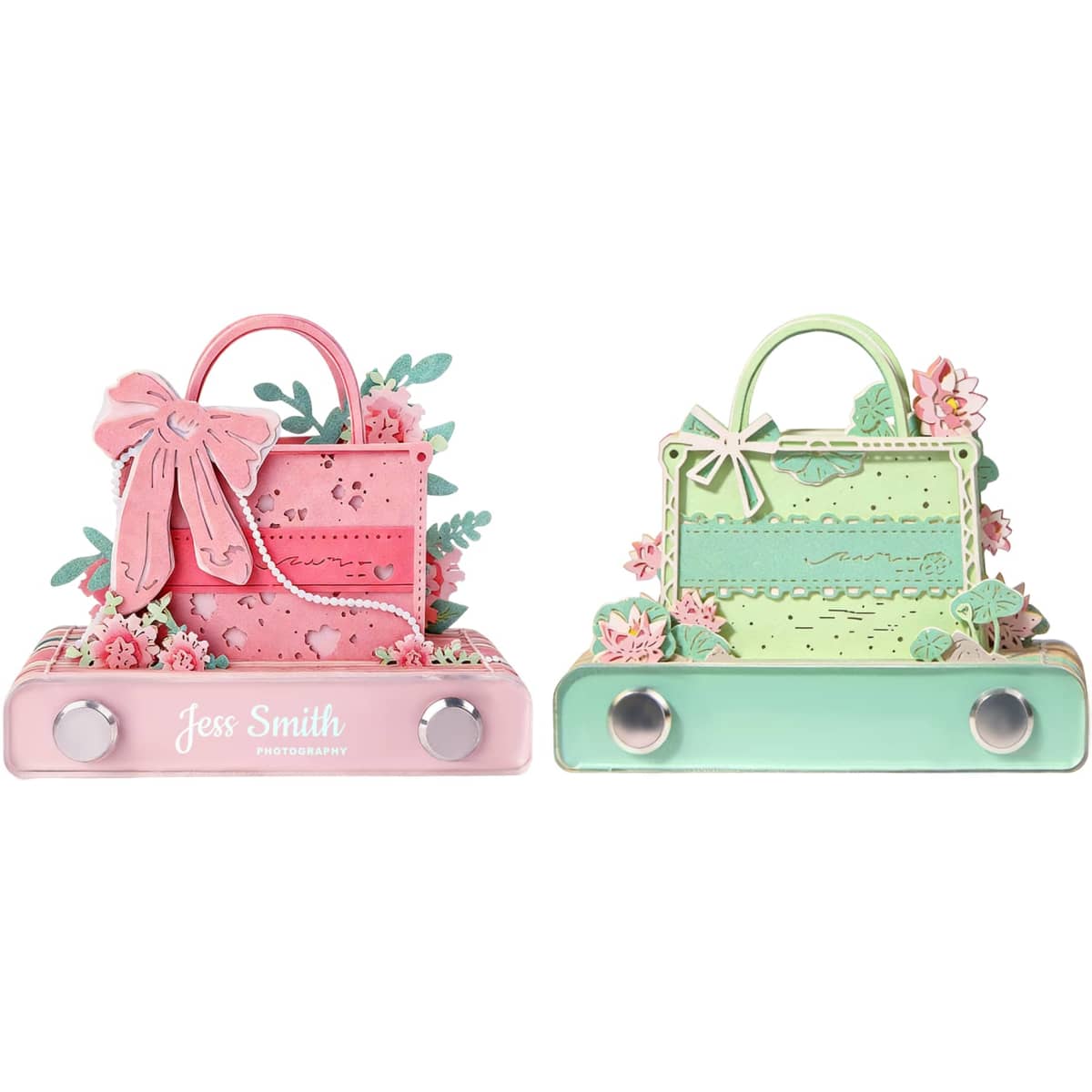 A 3D paper art handbag notepad featuring pink and green designs with floral embellishments and a logo.