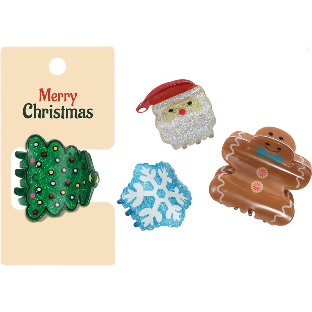 A set of three Christmas-themed hair claws featuring a tree, Santa, and a gingerbread man in festive colours.