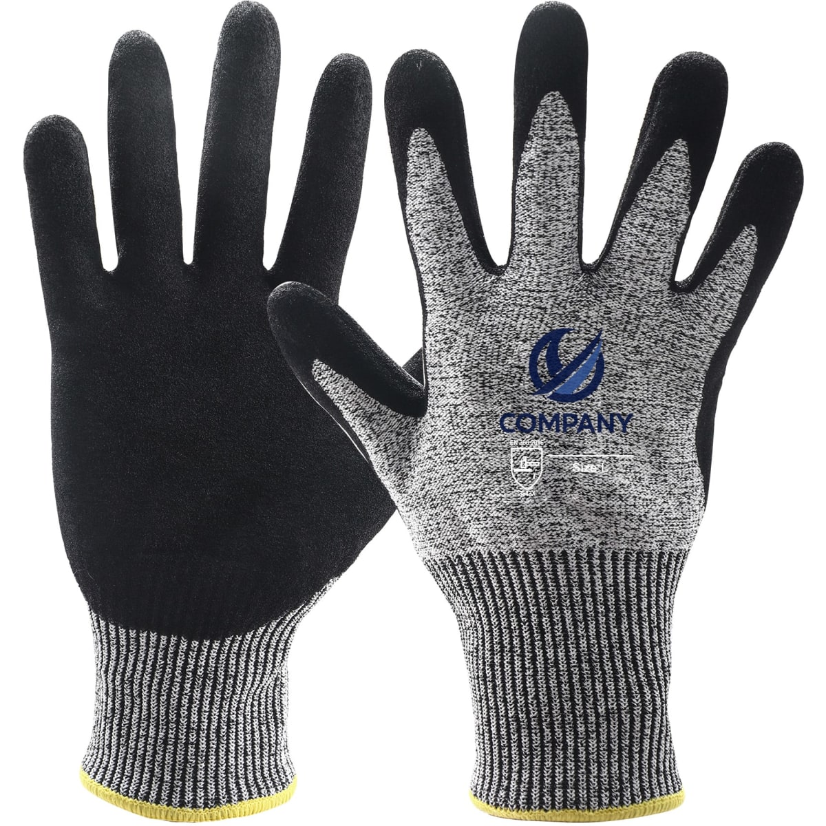 Cut resistant nitrile gloves in black and grey, featuring a textured grip and a logo on the wrist area.