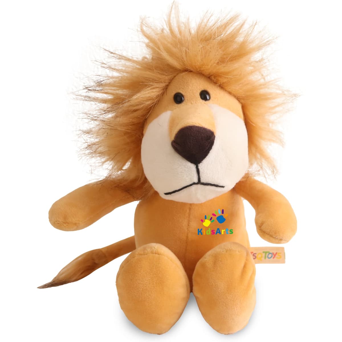 A plush lion toy with a soft body, tan colour, and a fluffy mane. It features a branding tag.