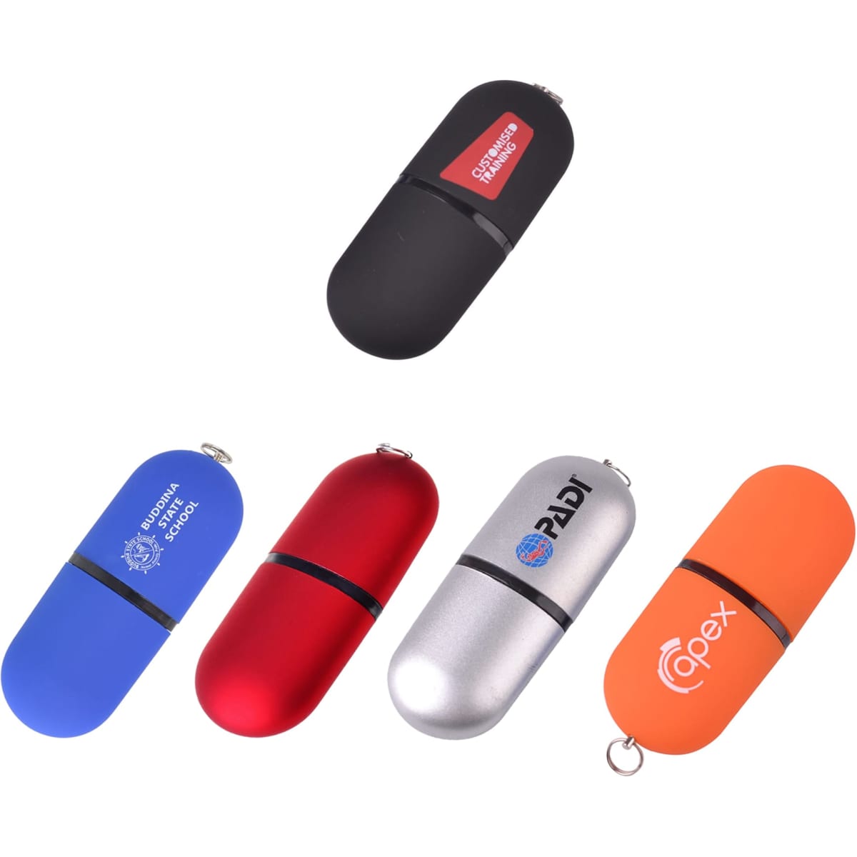 A collection of five capsule-shaped flash drives in black, blue, red, silver, and orange, each with a logo.