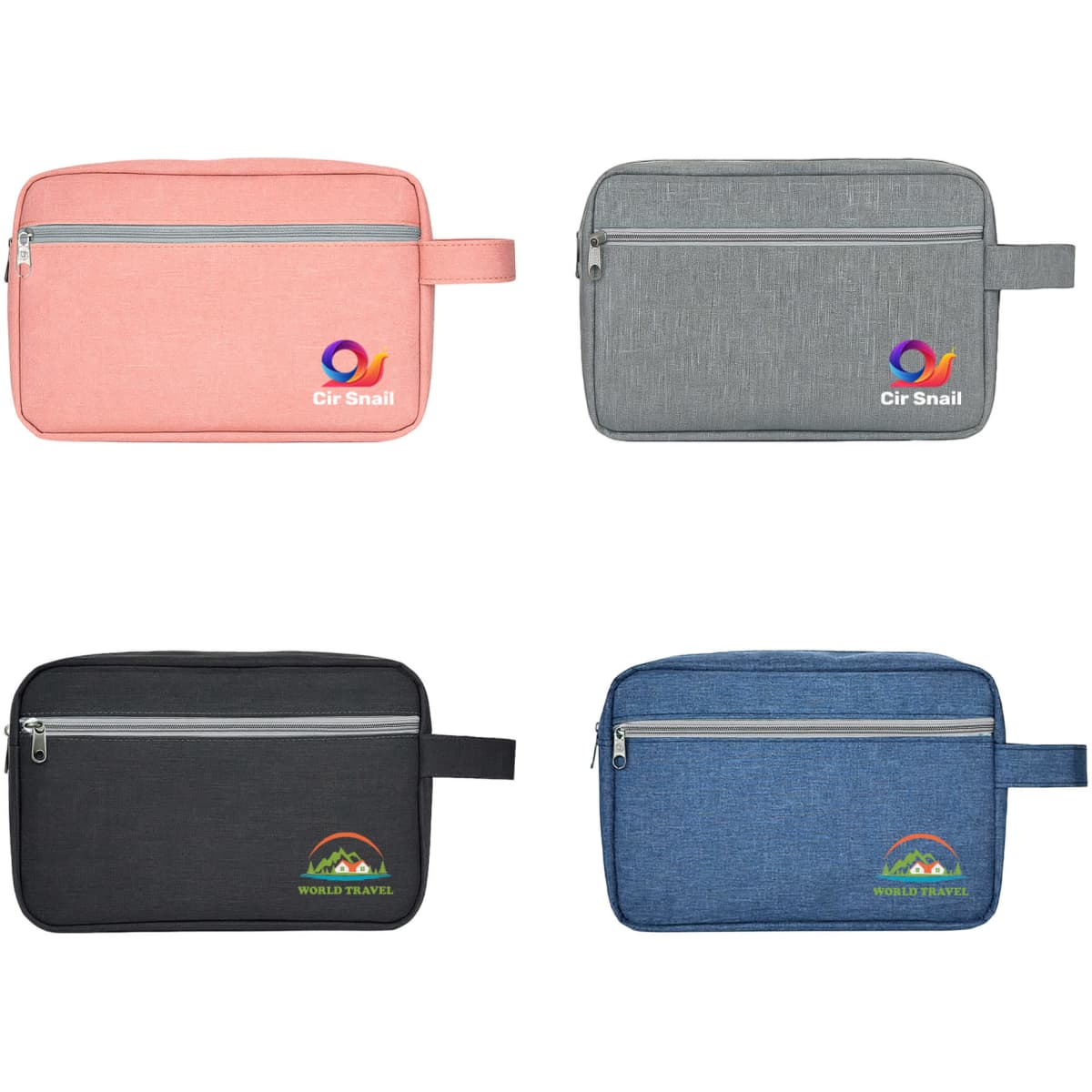 Four toiletry bags with handles in pink, grey, black, and blue, each featuring a logo.