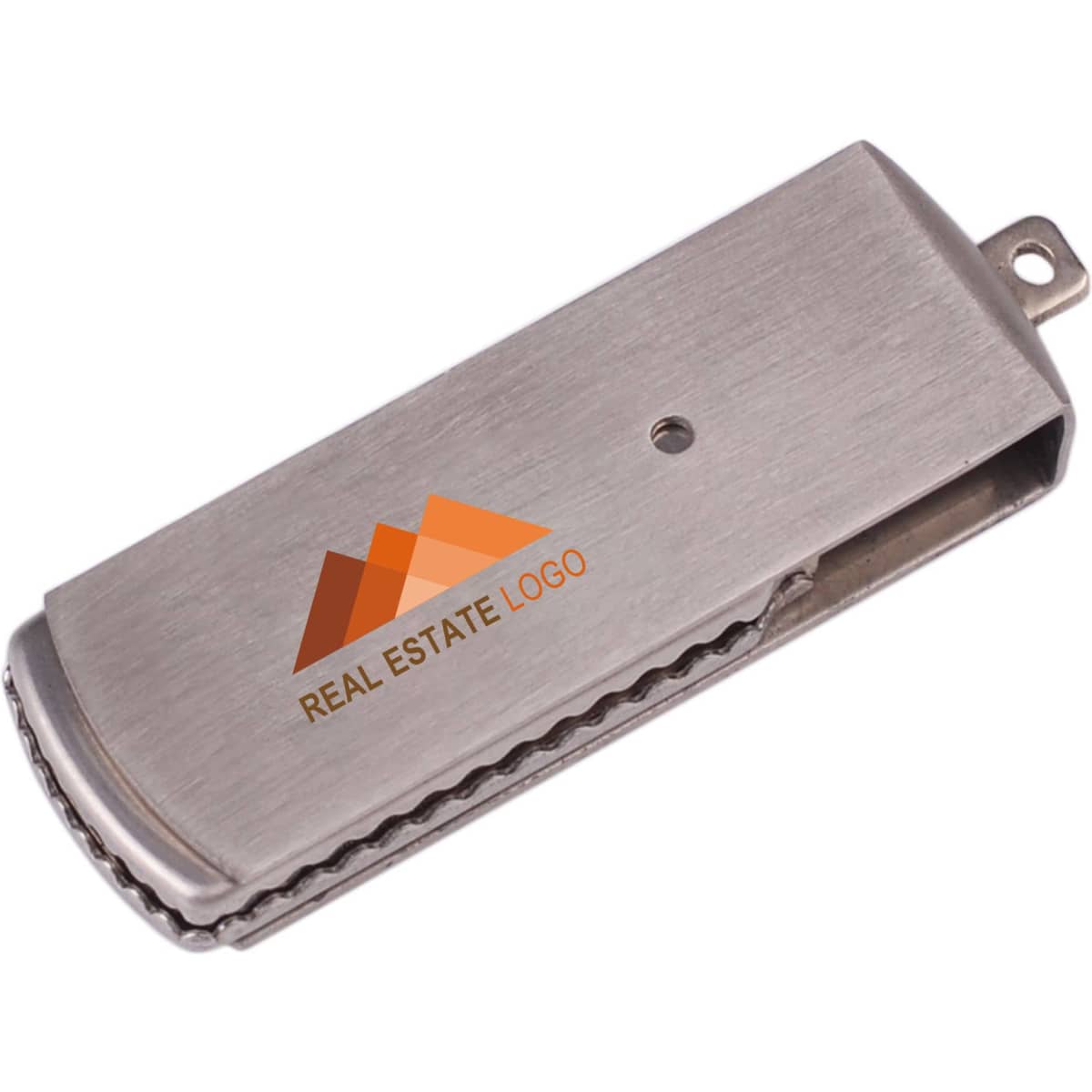 A metallic rectangular swivel flash drive with a silver finish and a logo on the surface.