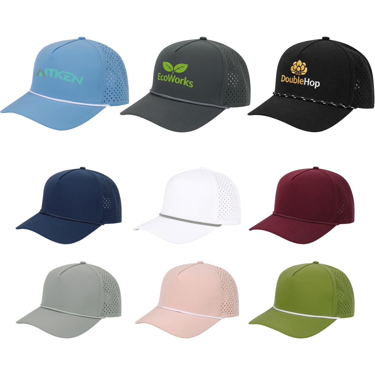 A selection of nine 5 Panel Mesh Back Performance Rope Caps in various colours, featuring logos and ventilation.
