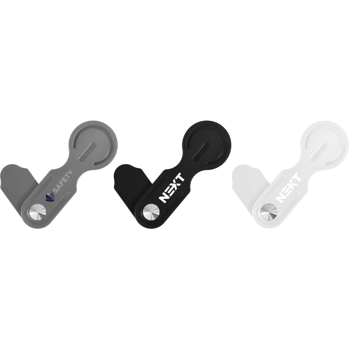 A set of three plastic magnetic phone holders for laptops, coloured grey, black, and white, featuring a logo.